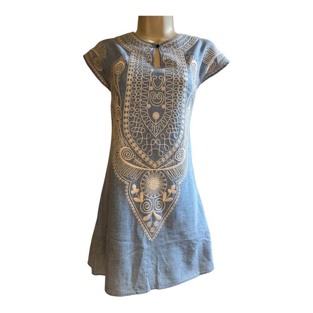 Theme Blue Linen Blend Embroidered Shift Dress Boho Tunic medium